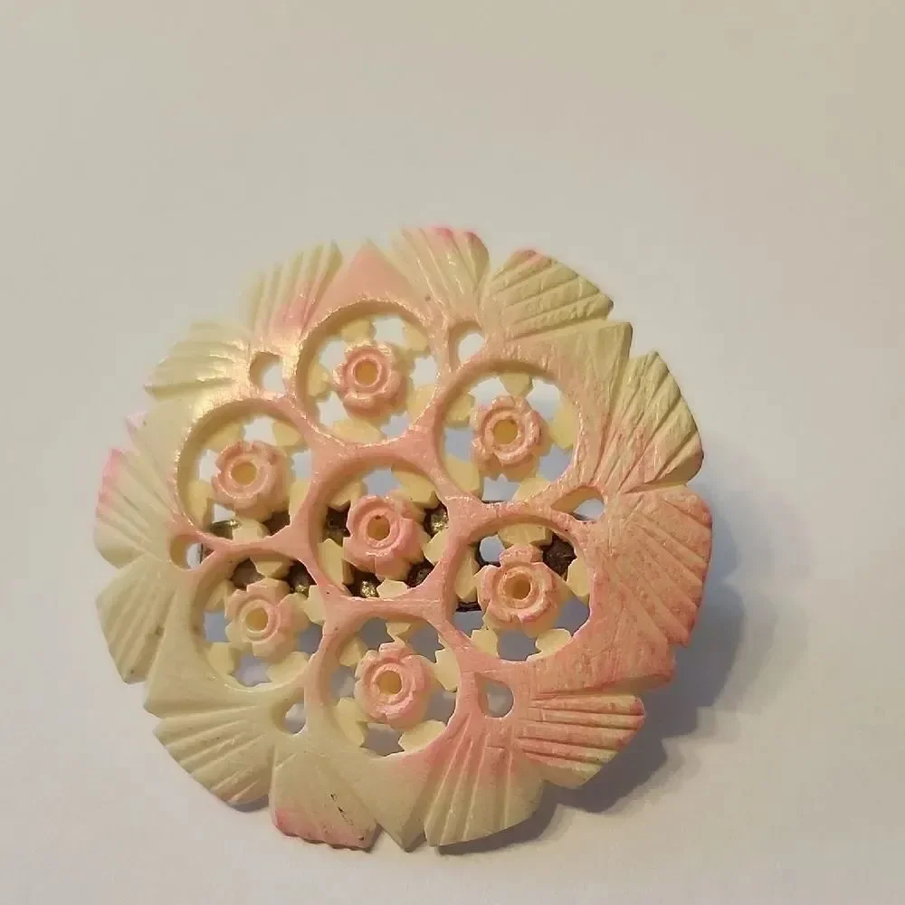 RARE Pink and Cream Carved Celluloid Vintage Floral Brooch